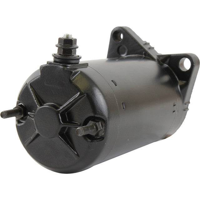 Rear view of SeaDoo 2-stroke PWC aftermarket starter motor with mounting bracket and electrical studs